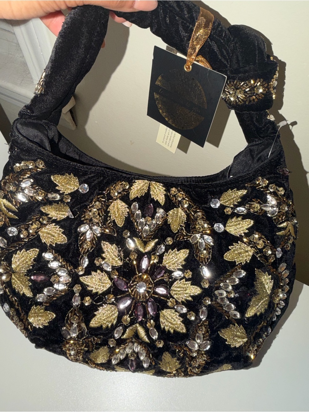 Black Velvet Shoulder Bag with Gold Leaf Embellishments